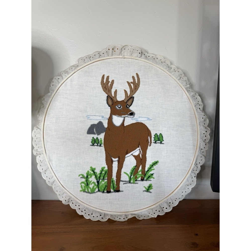 2 Pair Deer Embroidery Hoops Bucks Stamped Canvas Needlepoints 18 x 18" Each VTG